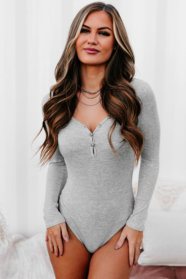 Hoda Long Sleeve Henley Bodysuit (Heather Grey) - NanaMacs