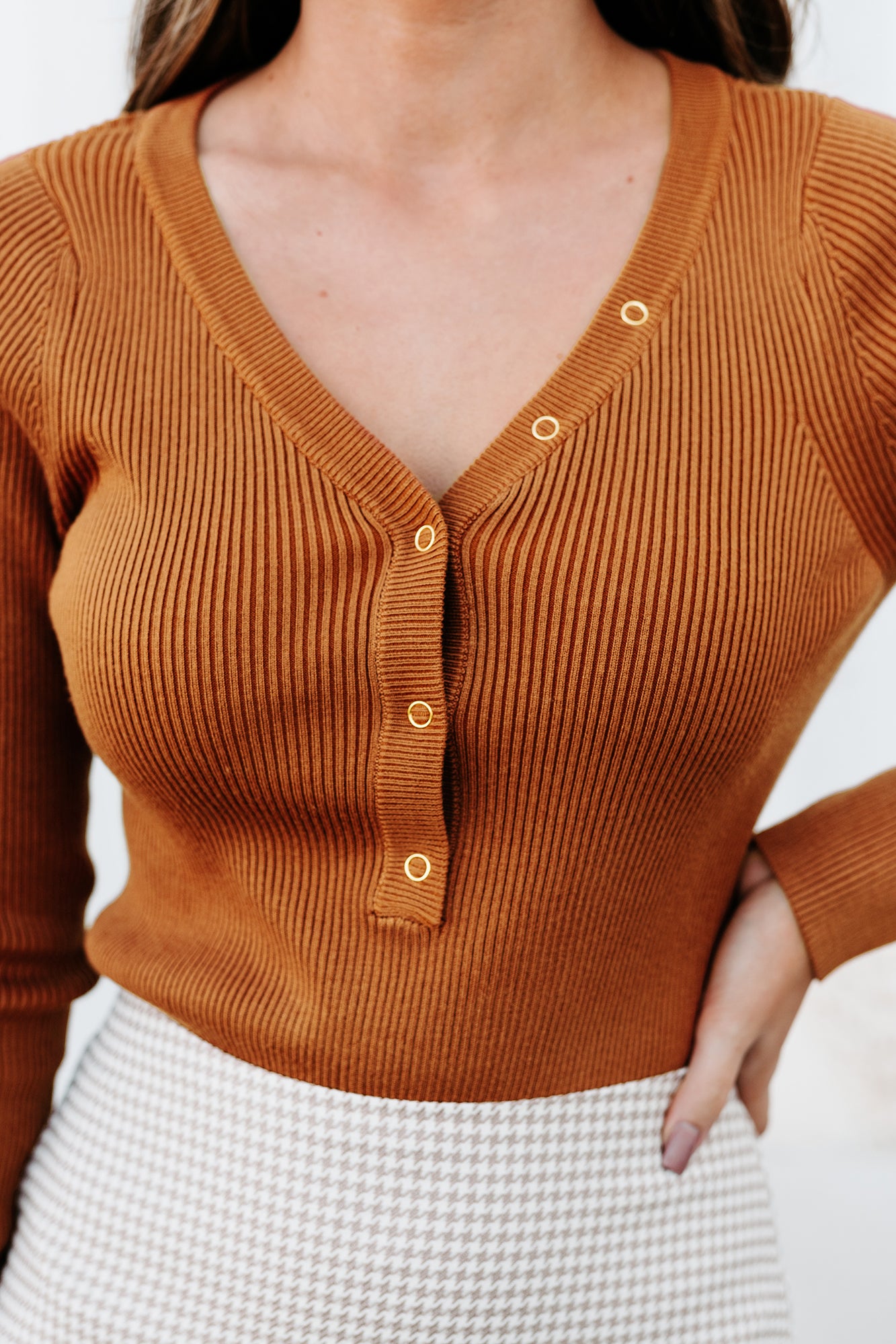 Stay Or Leave Ribbed Button-Down Bodysuit (Rust) - NanaMacs