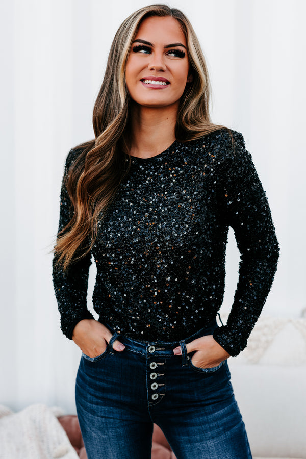 Future Goals Sequin Long Sleeve Bodysuit (Black) - NanaMacs