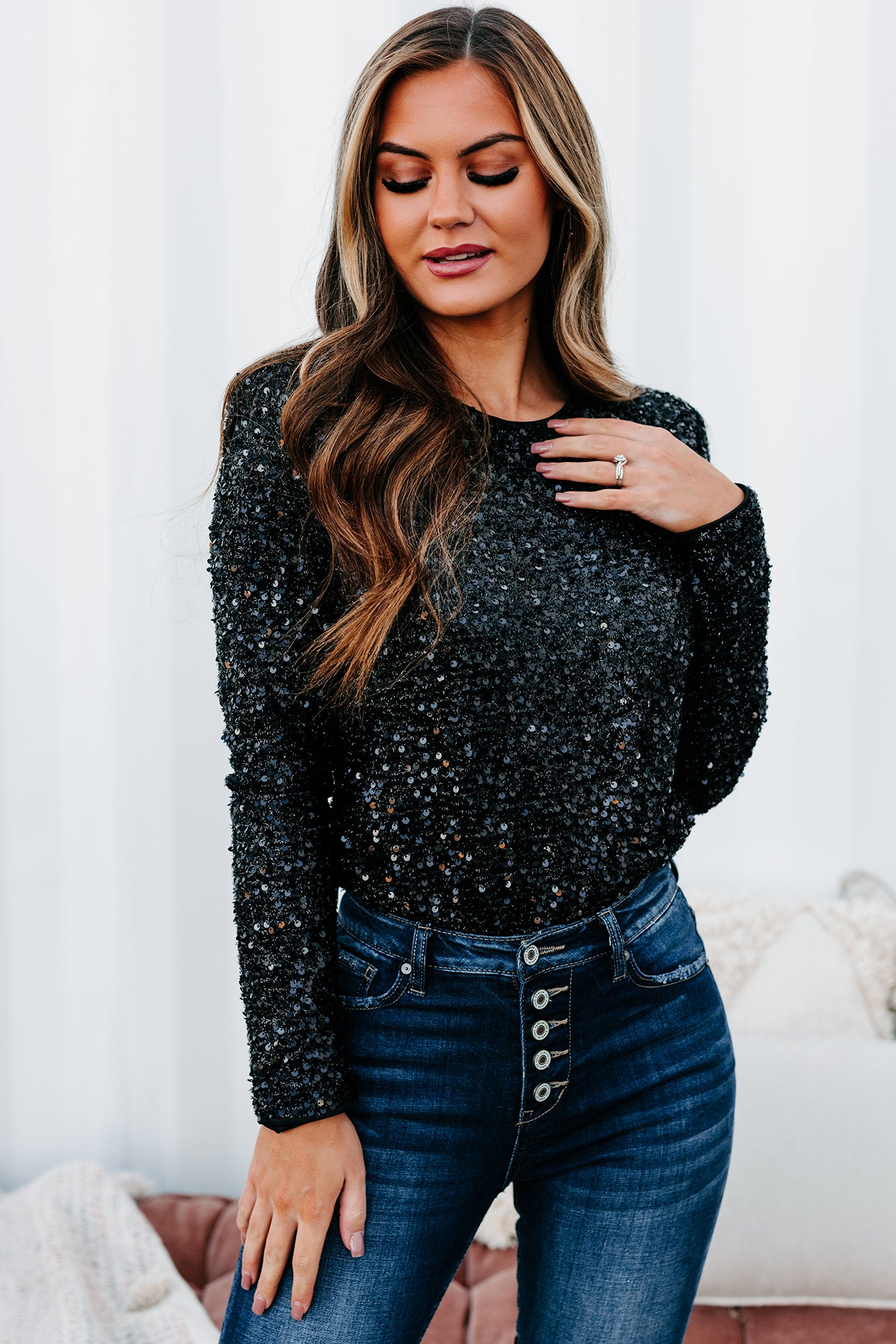 Future Goals Sequin Long Sleeve Bodysuit (Black) - NanaMacs