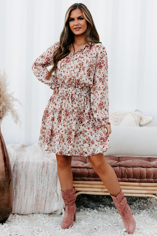 Making Me Blush Floral Long Sleeve Dress (Tan Mix) - NanaMacs