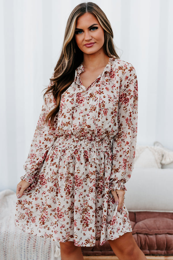 Making Me Blush Floral Long Sleeve Dress (Tan Mix) - NanaMacs