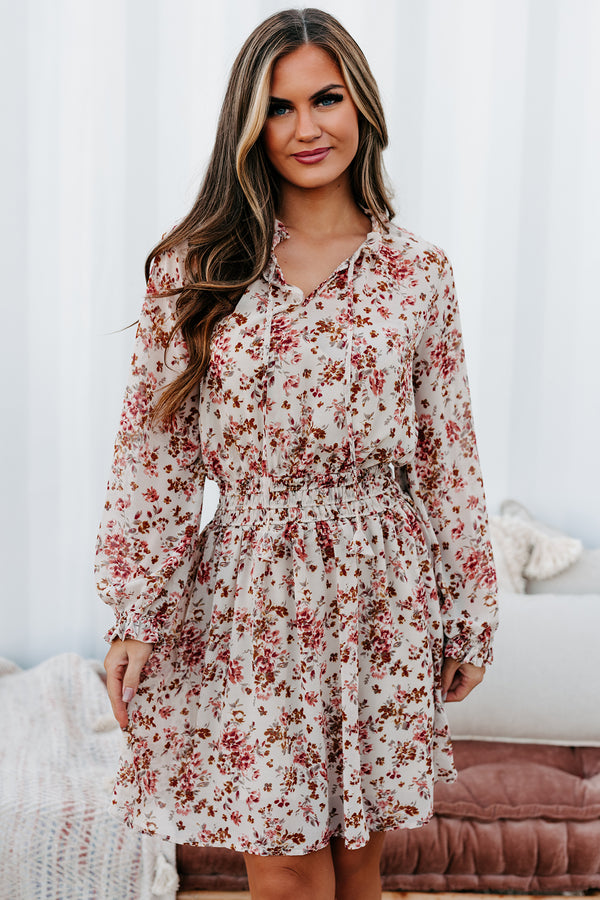 Making Me Blush Floral Long Sleeve Dress (Tan Mix) - NanaMacs