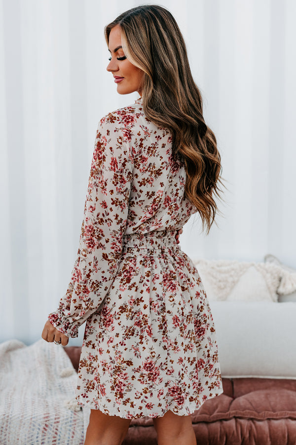 Making Me Blush Floral Long Sleeve Dress (Tan Mix) - NanaMacs