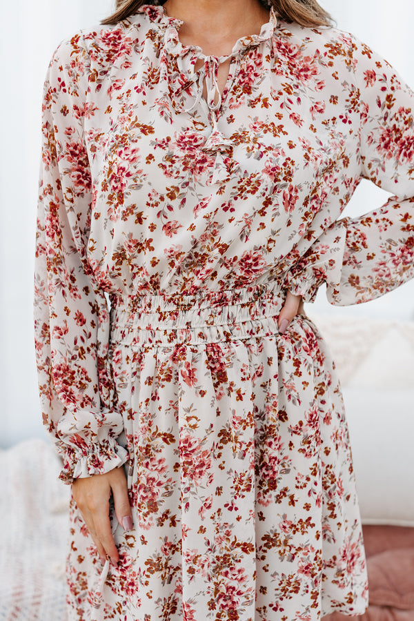 Making Me Blush Floral Long Sleeve Dress (Tan Mix) - NanaMacs