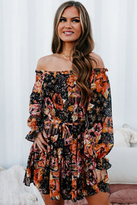 Believe In Yourself Off The Shoulder Printed Mini Dress (Black) - NanaMacs