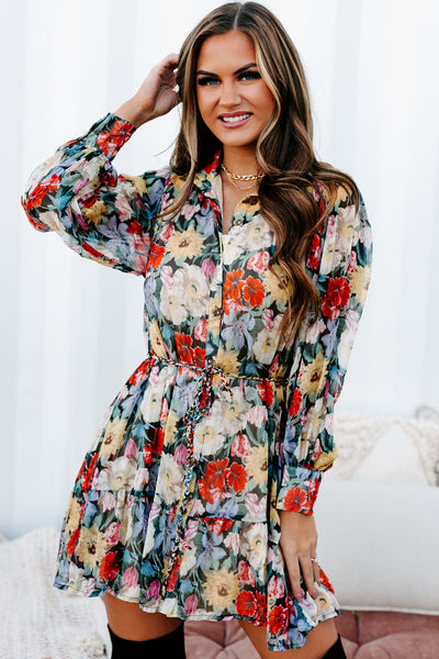 Better With Blooms High Neck Floral Mini Dress (Black/Multi) - NanaMacs