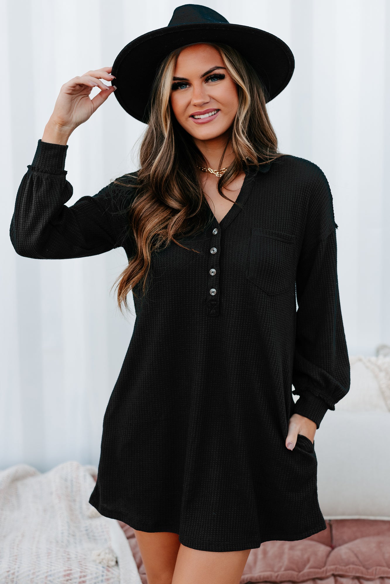 Brunch Basics Waffle Knit Shirt Dress (Black) - NanaMacs