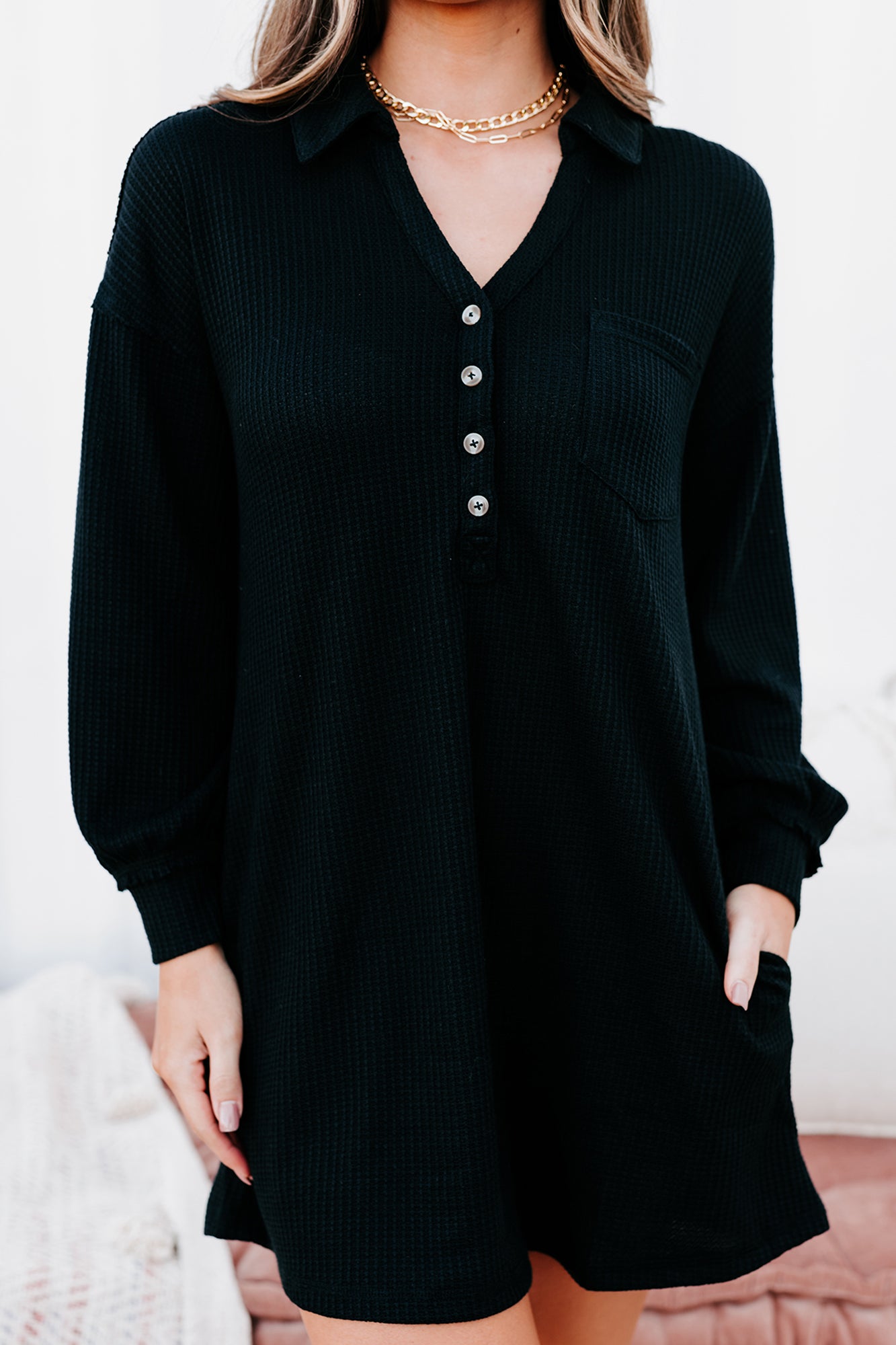 Brunch Basics Waffle Knit Shirt Dress (Black) - NanaMacs