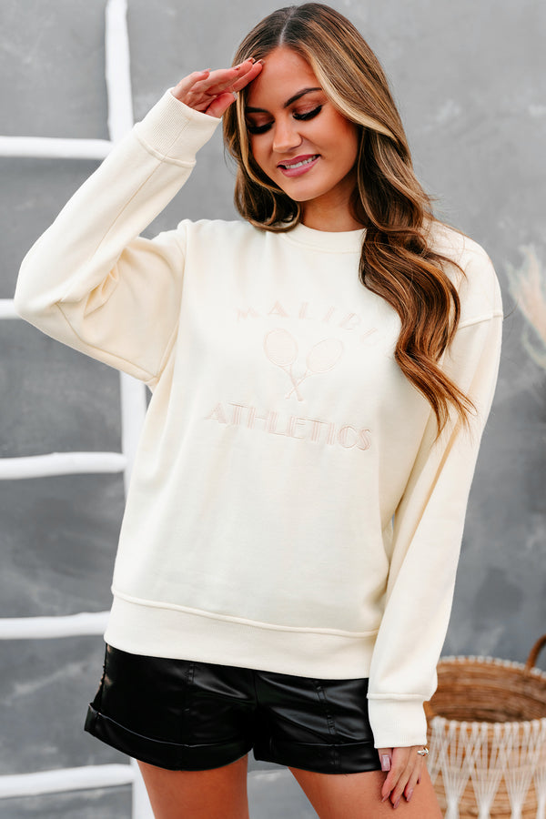 "Malibu Athletics" Embroidered Crewneck Sweatshirt (Cream) - NanaMacs