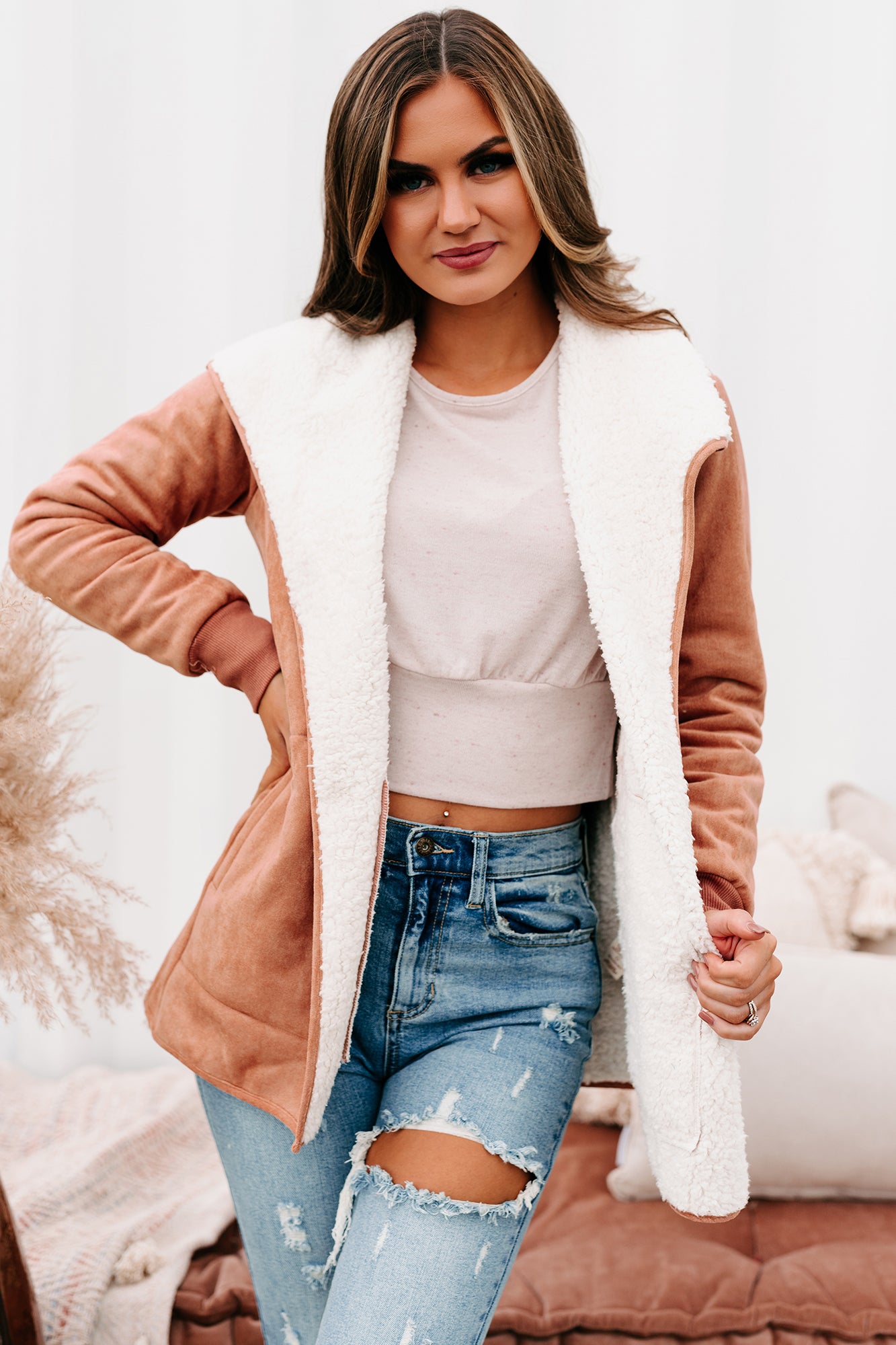 The Cozy Condition Faux Suede Sherpa Lined Coat (Terracotta) - NanaMacs
