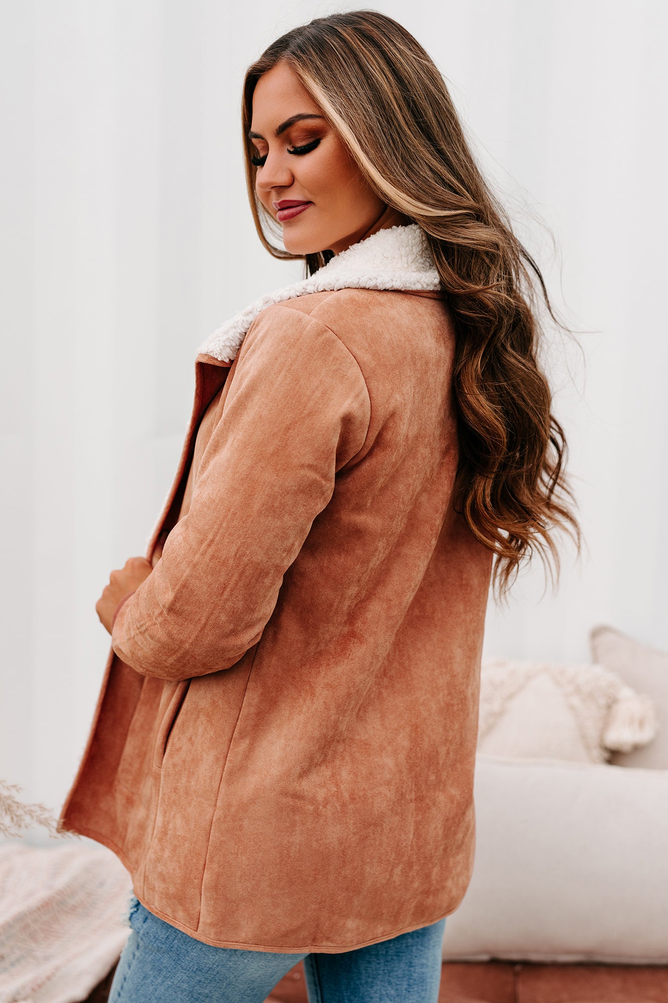The Cozy Condition Faux Suede Sherpa Lined Coat (Terracotta) - NanaMacs