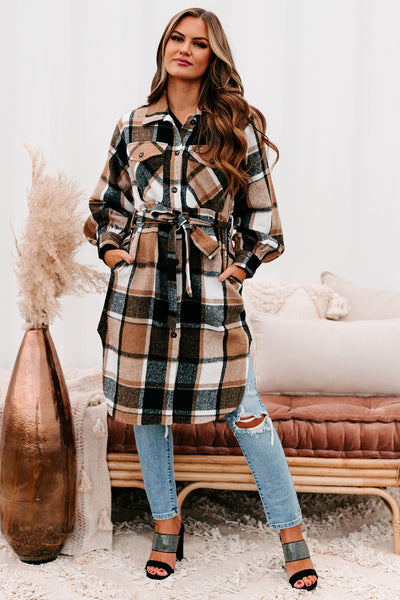 Keep Checkin Plaid Long Shacket (Taupe) - NanaMacs