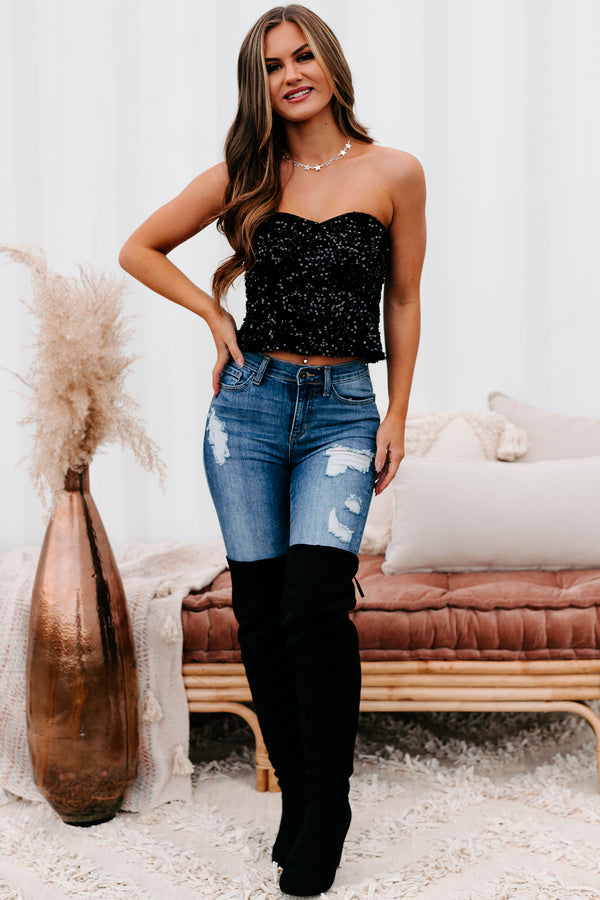 Spotlight On You Sleeveless Sequin Crop Top (Black) - NanaMacs