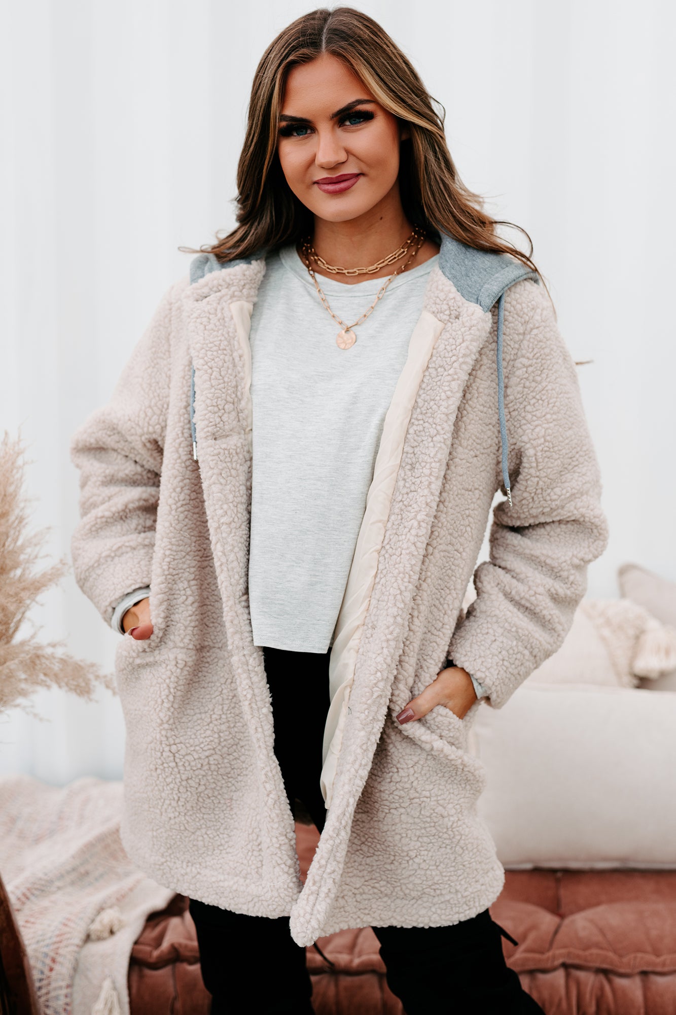 Keeping Me Toasty Hooded Teddy Coat Light Beige Grey NanaMacs