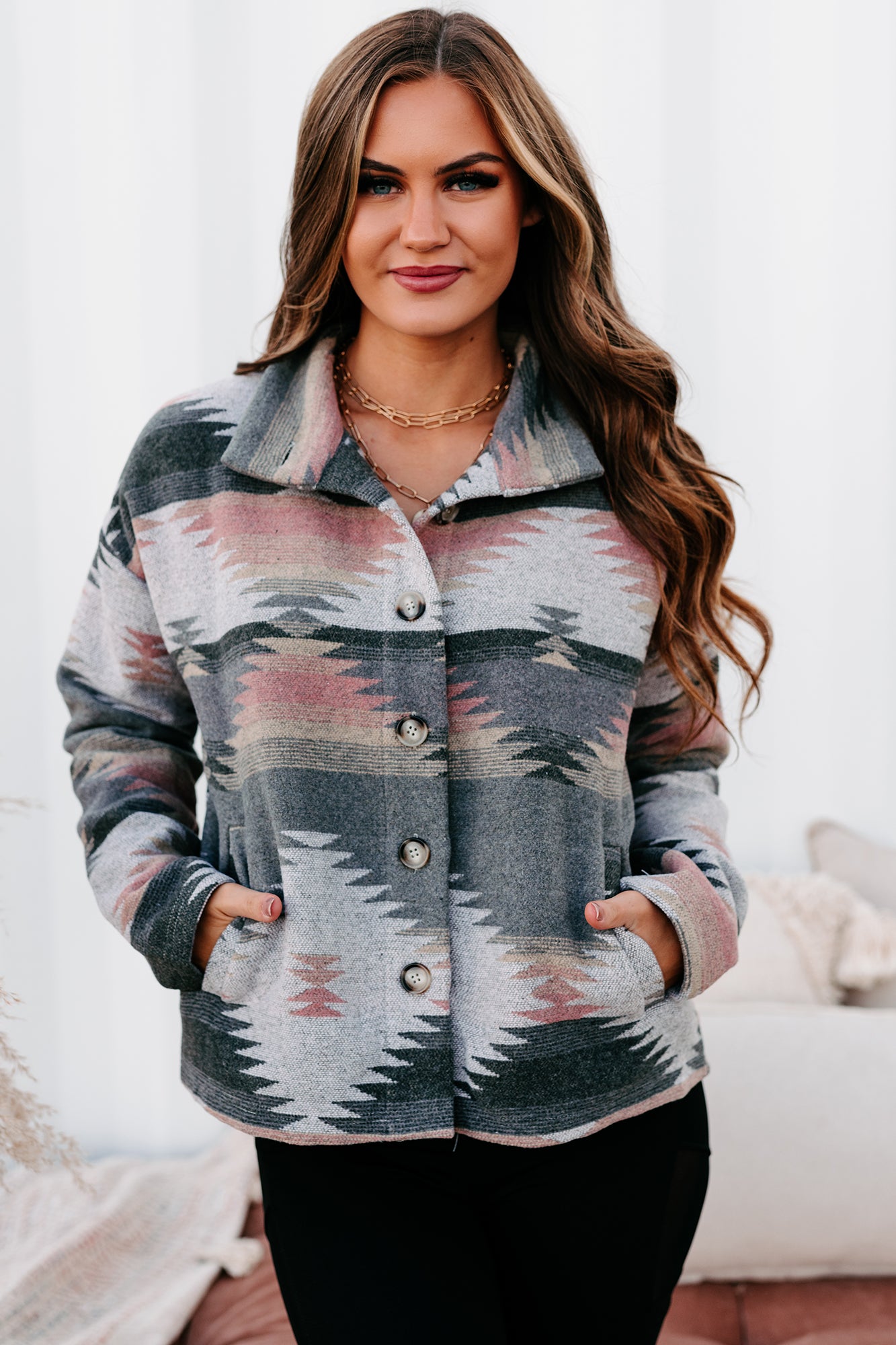 Incredible Sights Aztec Shacket (Grey/Pink Mix) - NanaMacs