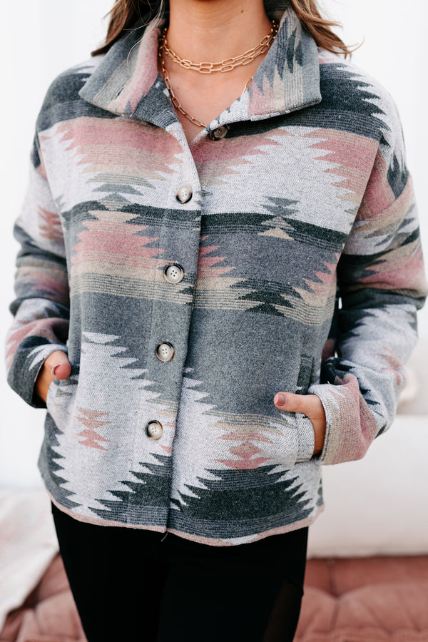 Incredible Sights Aztec Shacket (Grey/Pink Mix) - NanaMacs