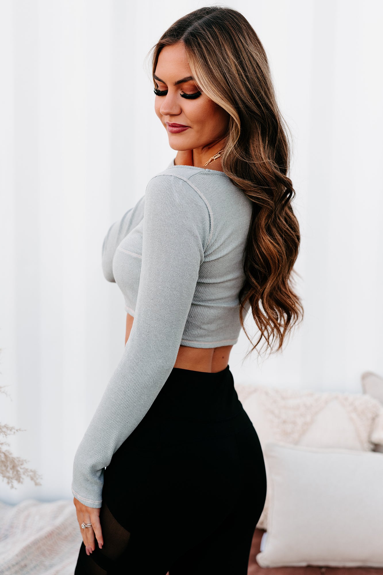 Linette Contrast Stitched Long Sleeve Crop Top (Heather Grey) - NanaMacs
