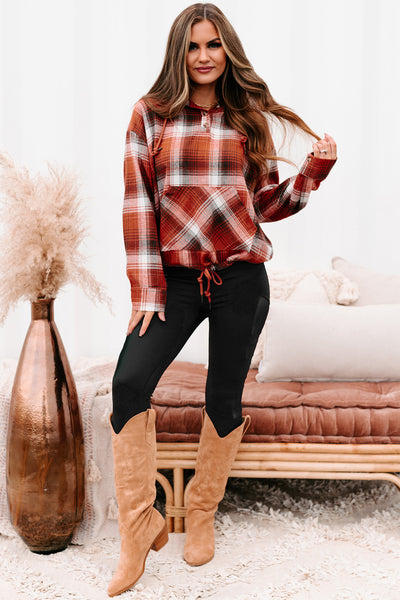 Drifting Apart Plaid Hooded Long Sleeve Top (Rust) - NanaMacs