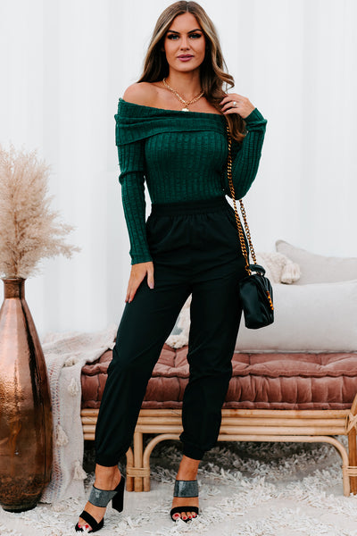 Careless Dreaming Off The Shoulder Sweater Knit Bodysuit (Hunter Green) - NanaMacs
