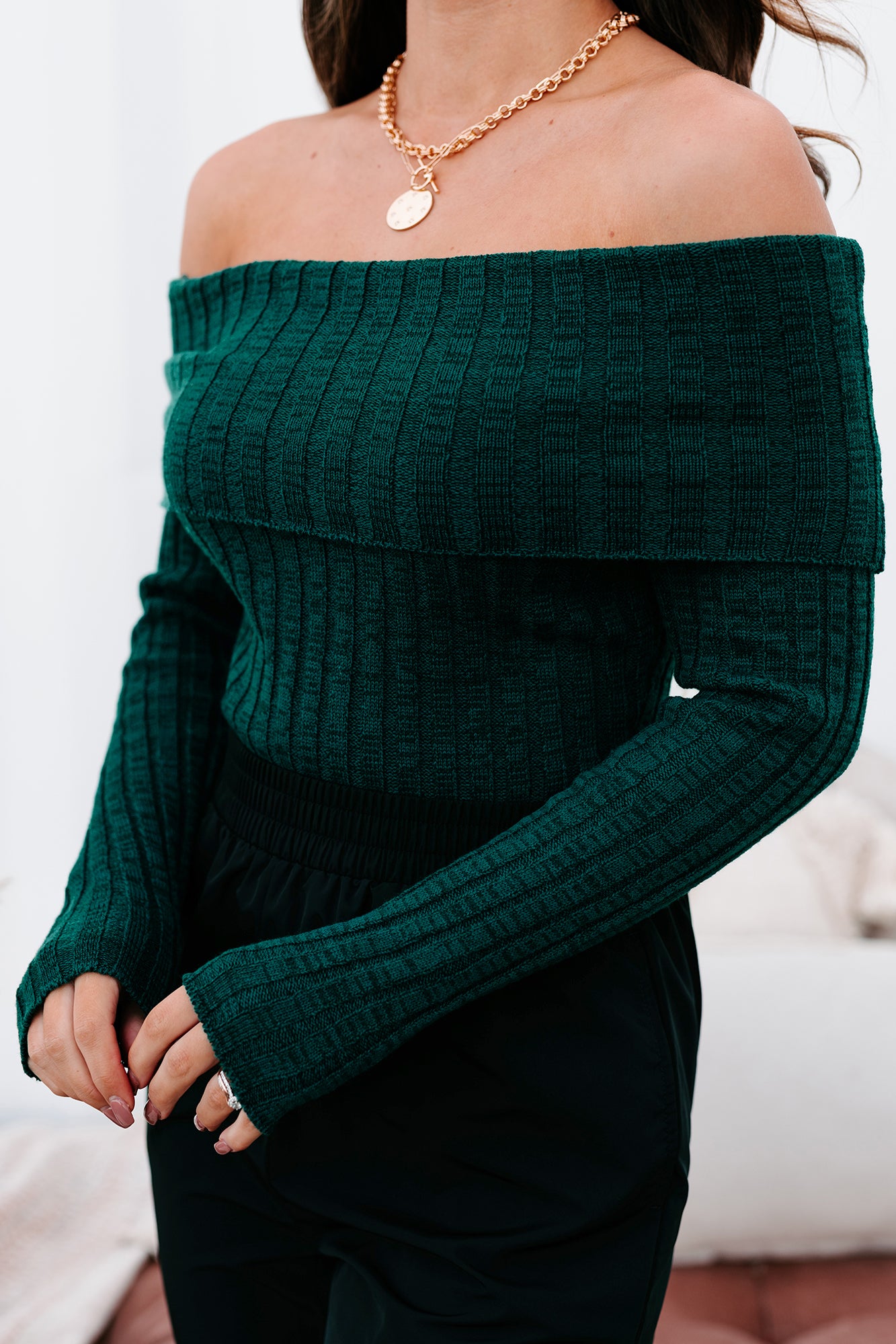 Careless Dreaming Off The Shoulder Sweater Knit Bodysuit (Hunter Green) - NanaMacs