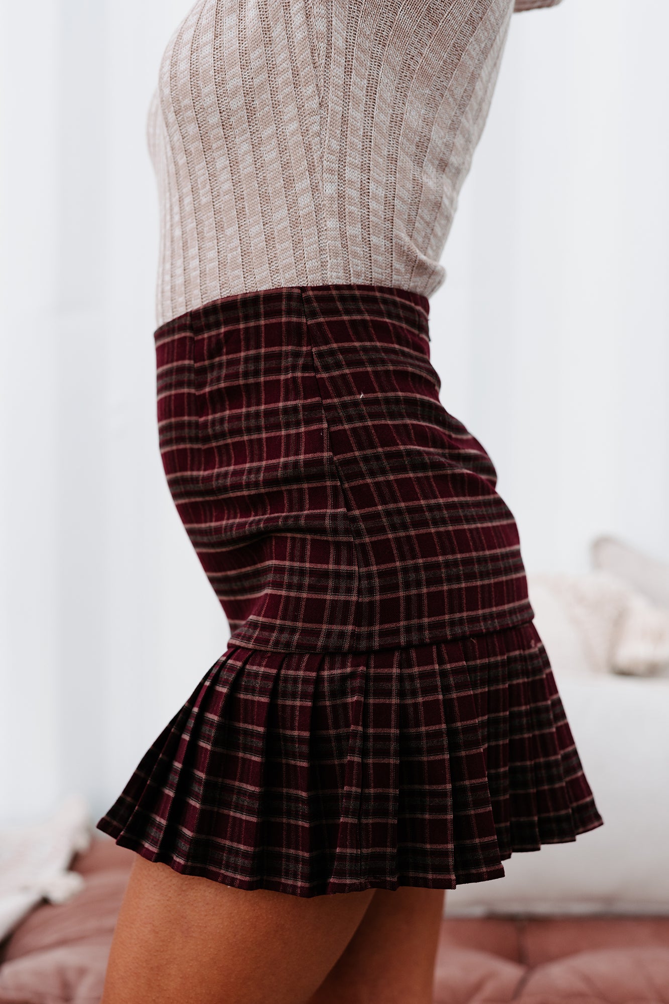 My Best Behavior Pleated Plaid Skirt (Burgundy) - NanaMacs