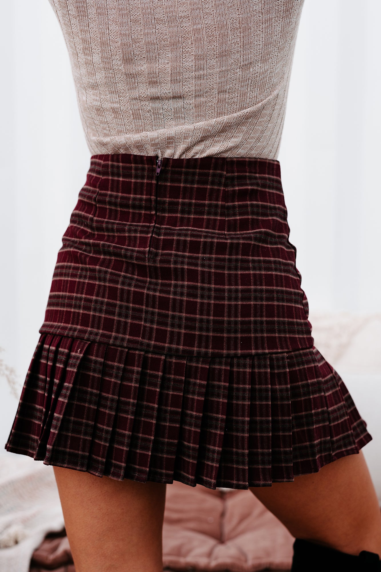 My Best Behavior Pleated Plaid Skirt (Burgundy) - NanaMacs