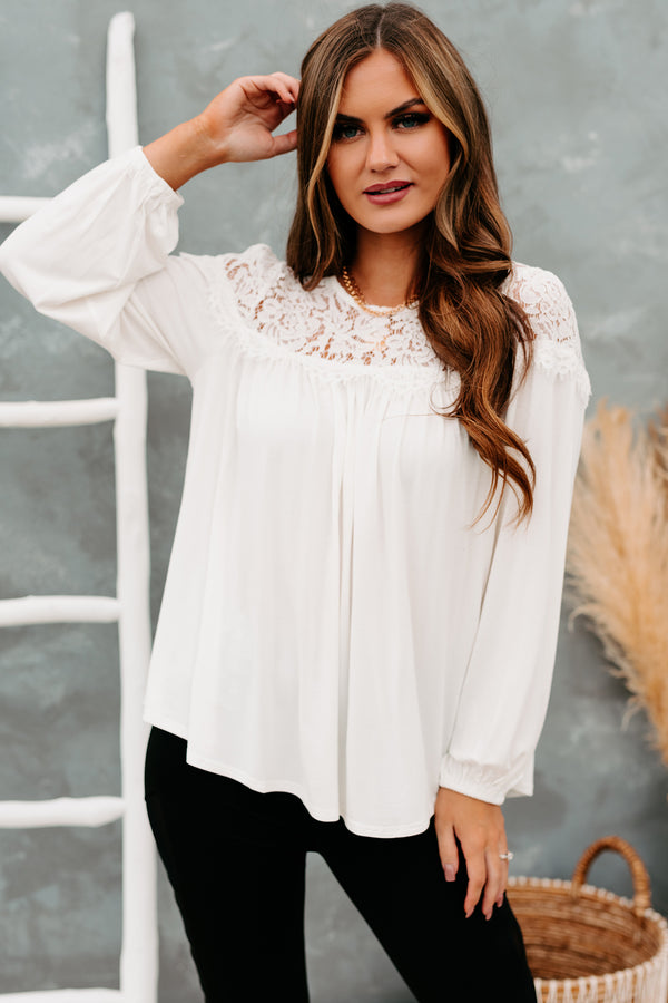 Blissfully Beautiful Lace Long Sleeve Top (Off White) - NanaMacs