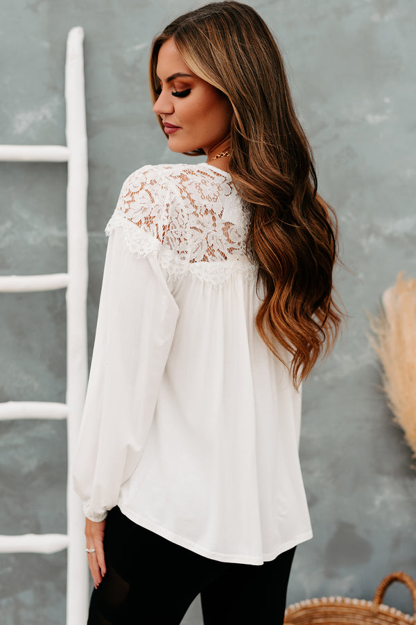 Blissfully Beautiful Lace Long Sleeve Top (Off White) - NanaMacs