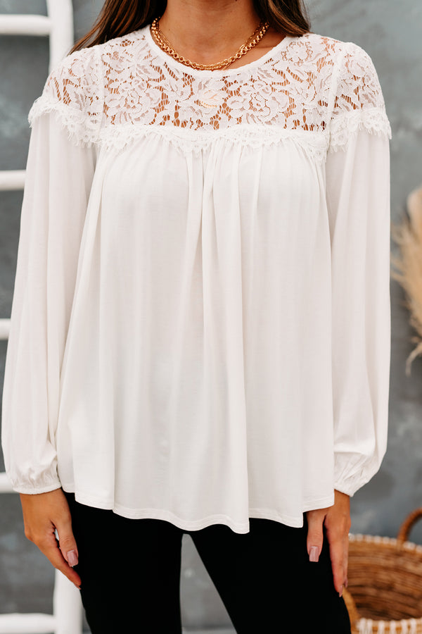 Blissfully Beautiful Lace Long Sleeve Top (Off White) - NanaMacs