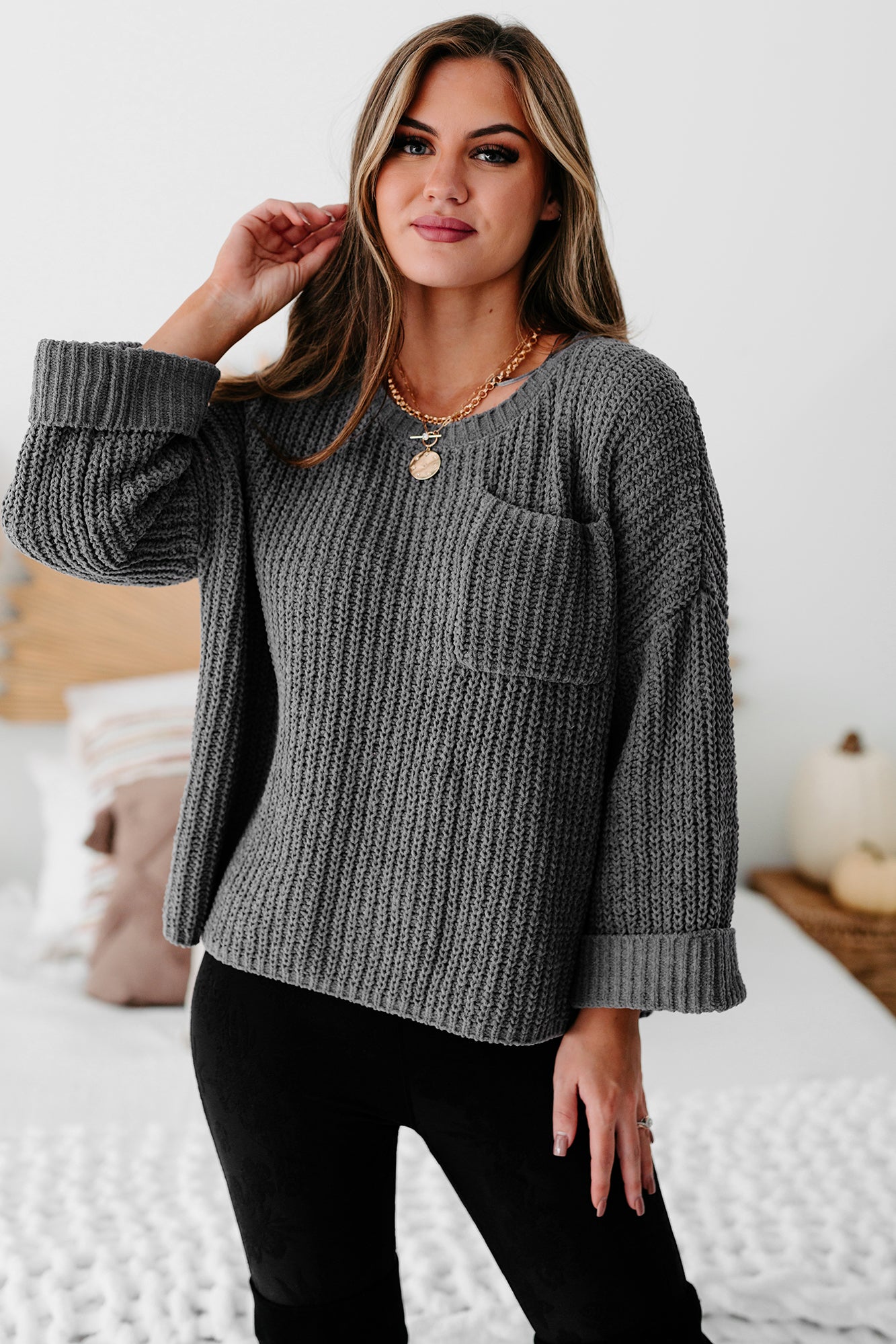 Fall Into Cozy Chunky Chenille Knit Sweater (Charcoal) - NanaMacs