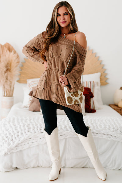 Finally Mine Cable Knit Off The Shoulder Sweater (Mocha) - NanaMacs