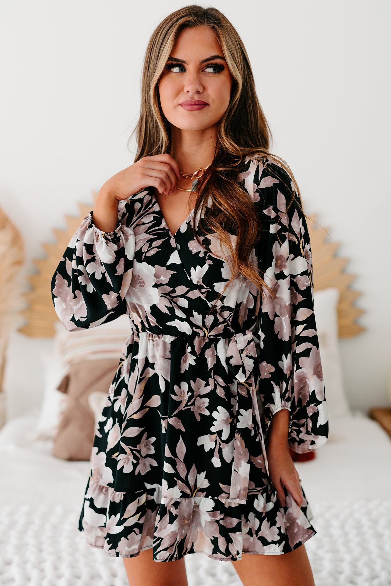 From Gloom To Bloom Floral Faux Wrap Dress (Black/Taupe/Off White) - NanaMacs