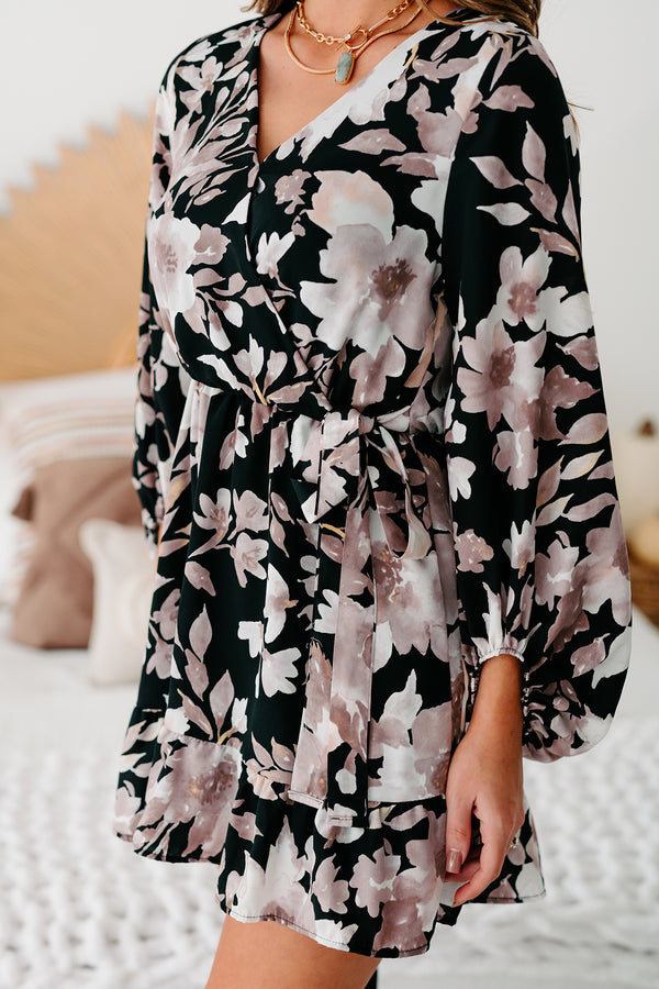 From Gloom To Bloom Floral Faux Wrap Dress (Black/Taupe/Off White) - NanaMacs