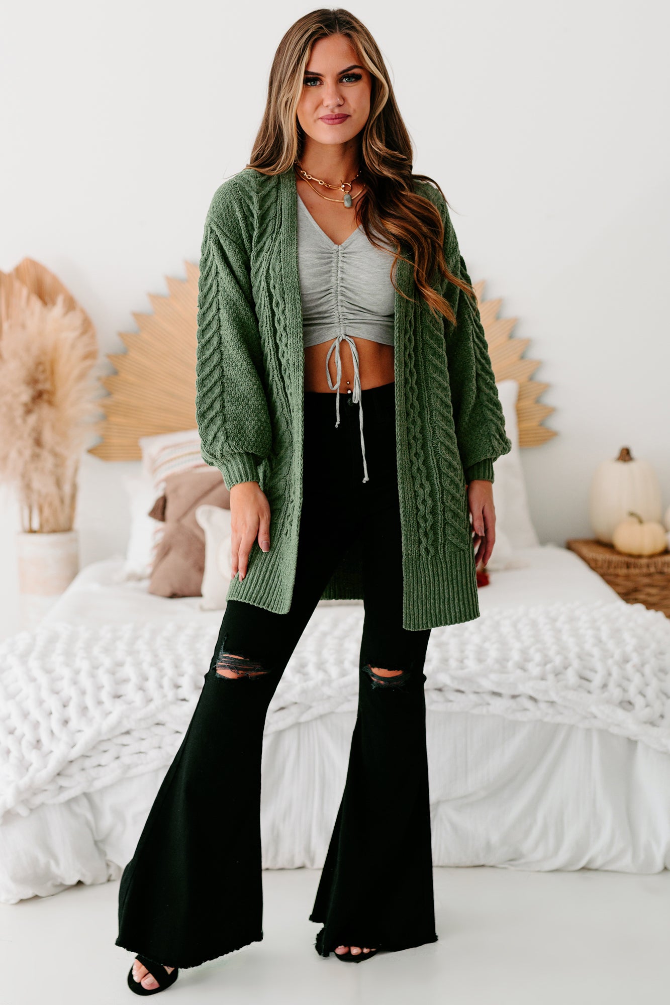 Warmest Occasion Chenille Cable Knit Cardigan (Olive) - NanaMacs
