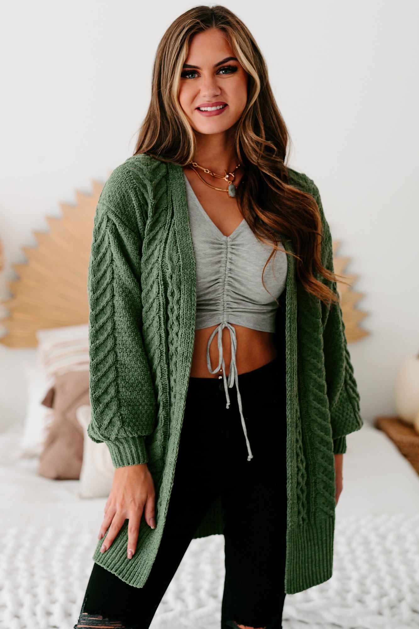 Warmest Occasion Chenille Cable Knit Cardigan (Olive) - NanaMacs