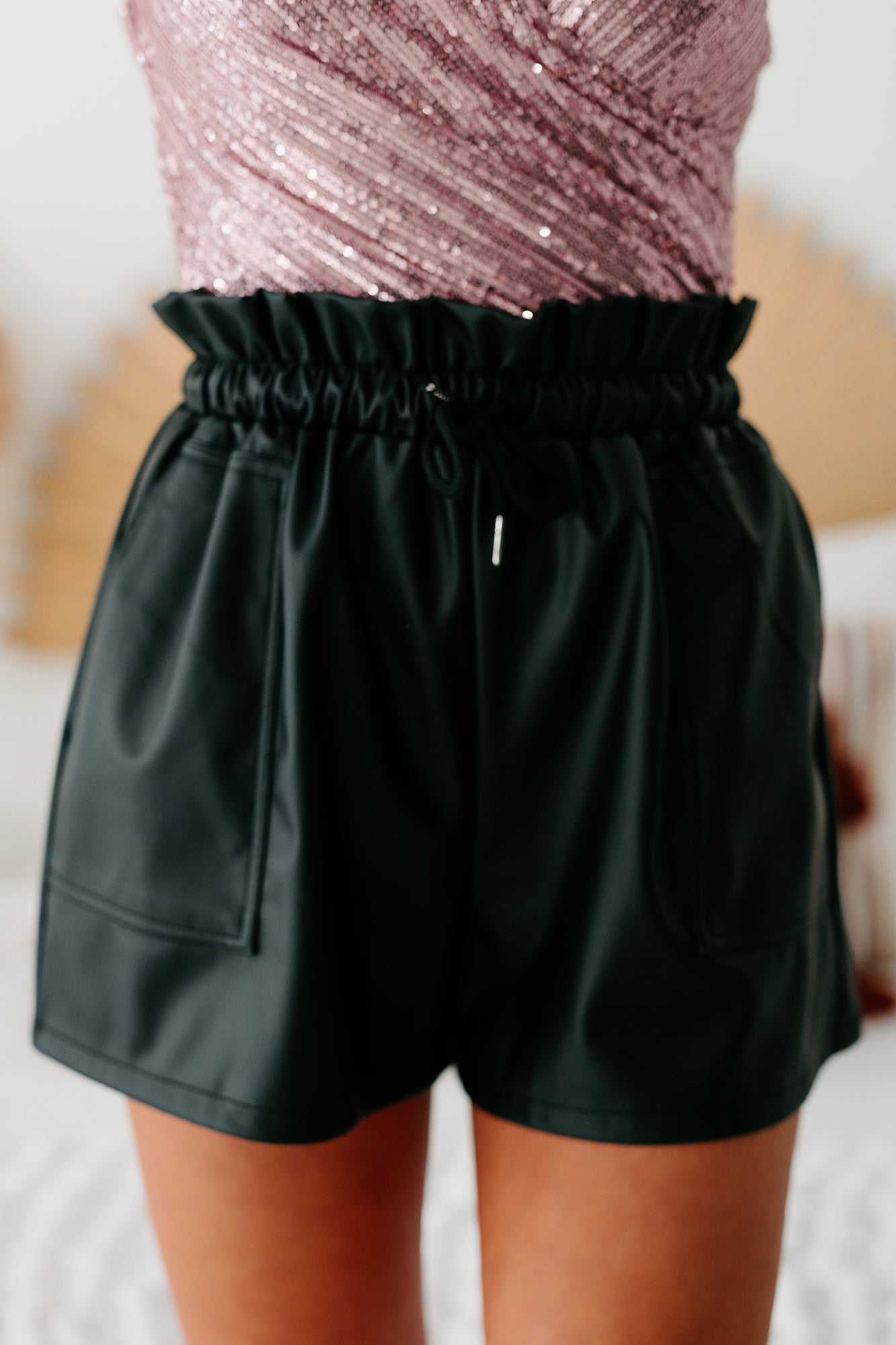Played A Part Faux Leather Drawstring Waist Shorts (Black) - NanaMacs