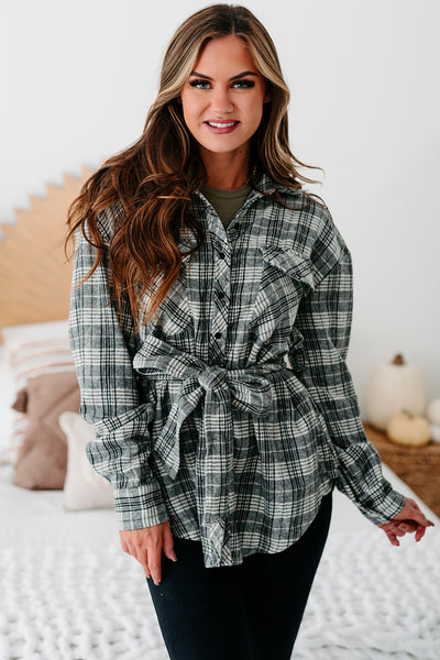 Mysterious Charm Plaid Tie-Waist Shacket (Grey) - NanaMacs