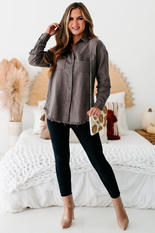 Lizzy Button Down Frayed Linen Top (Charcoal) - NanaMacs