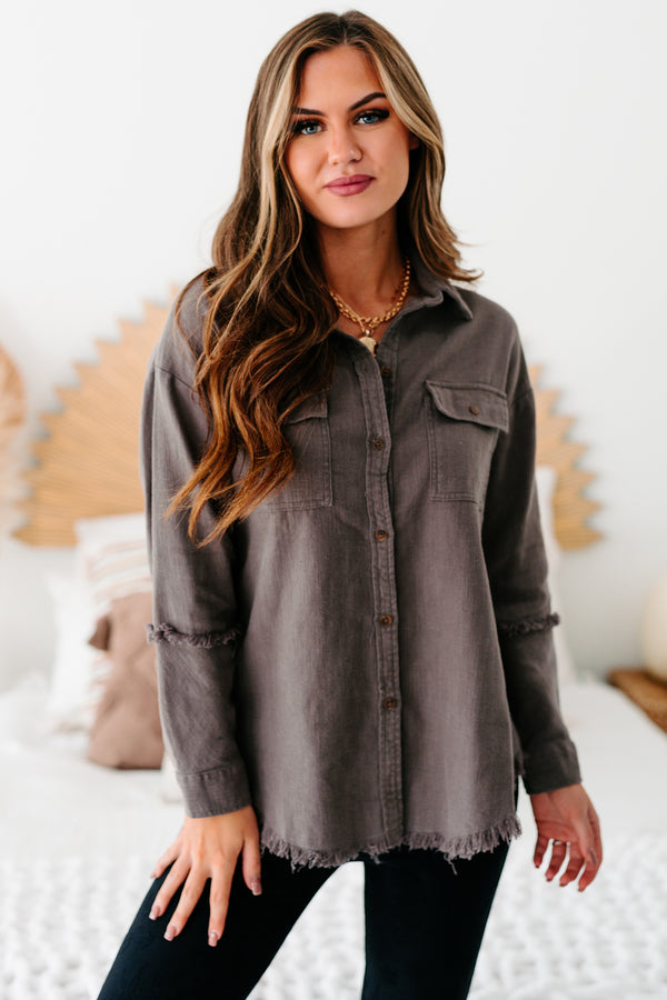 Lizzy Button Down Frayed Linen Top (Charcoal) - NanaMacs