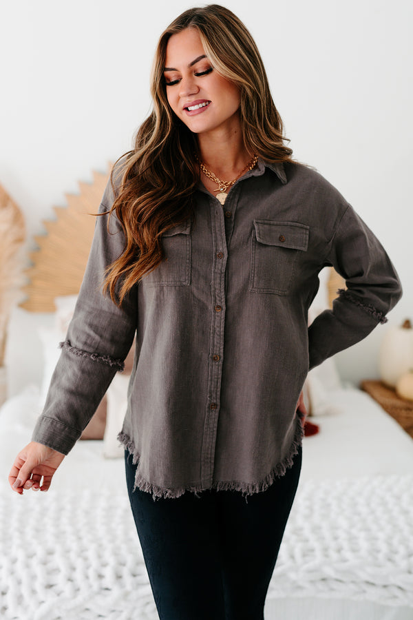 Lizzy Button Down Frayed Linen Top (Charcoal) - NanaMacs