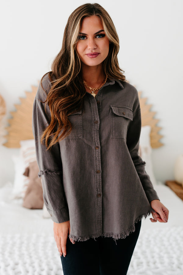 Lizzy Button Down Frayed Linen Top (Charcoal) - NanaMacs