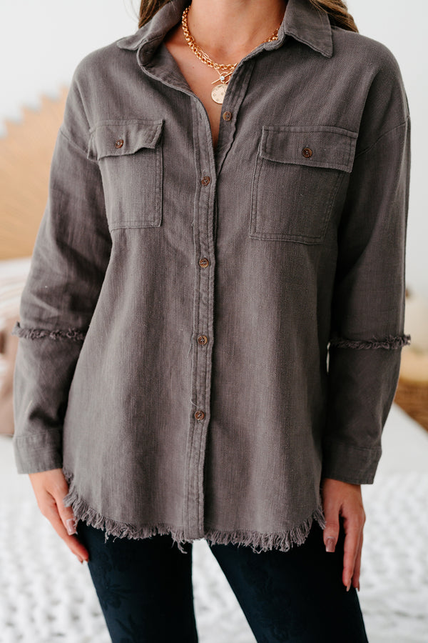 Lizzy Button Down Frayed Linen Top (Charcoal) - NanaMacs