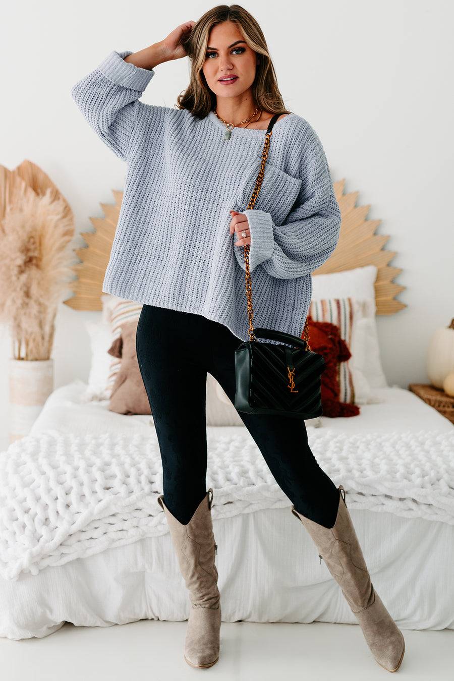 Fall Into Cozy Chunky Chenille Knit Sweater (Dusty Blue) - NanaMacs