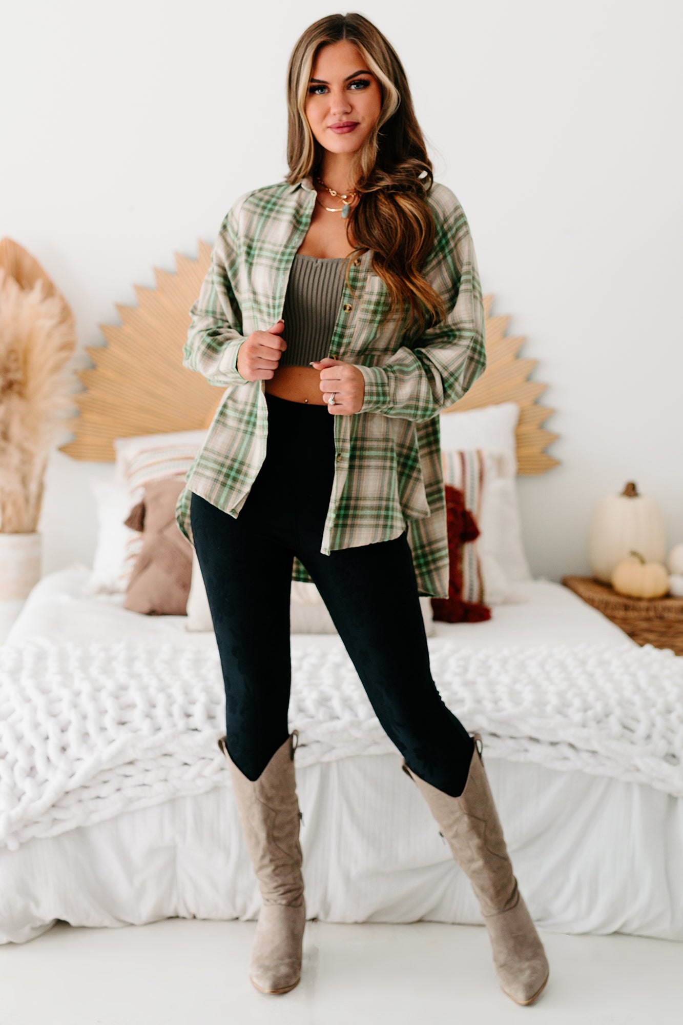 Mountain Tops High-Low Plaid Flannel Top (Olive Green) - NanaMacs