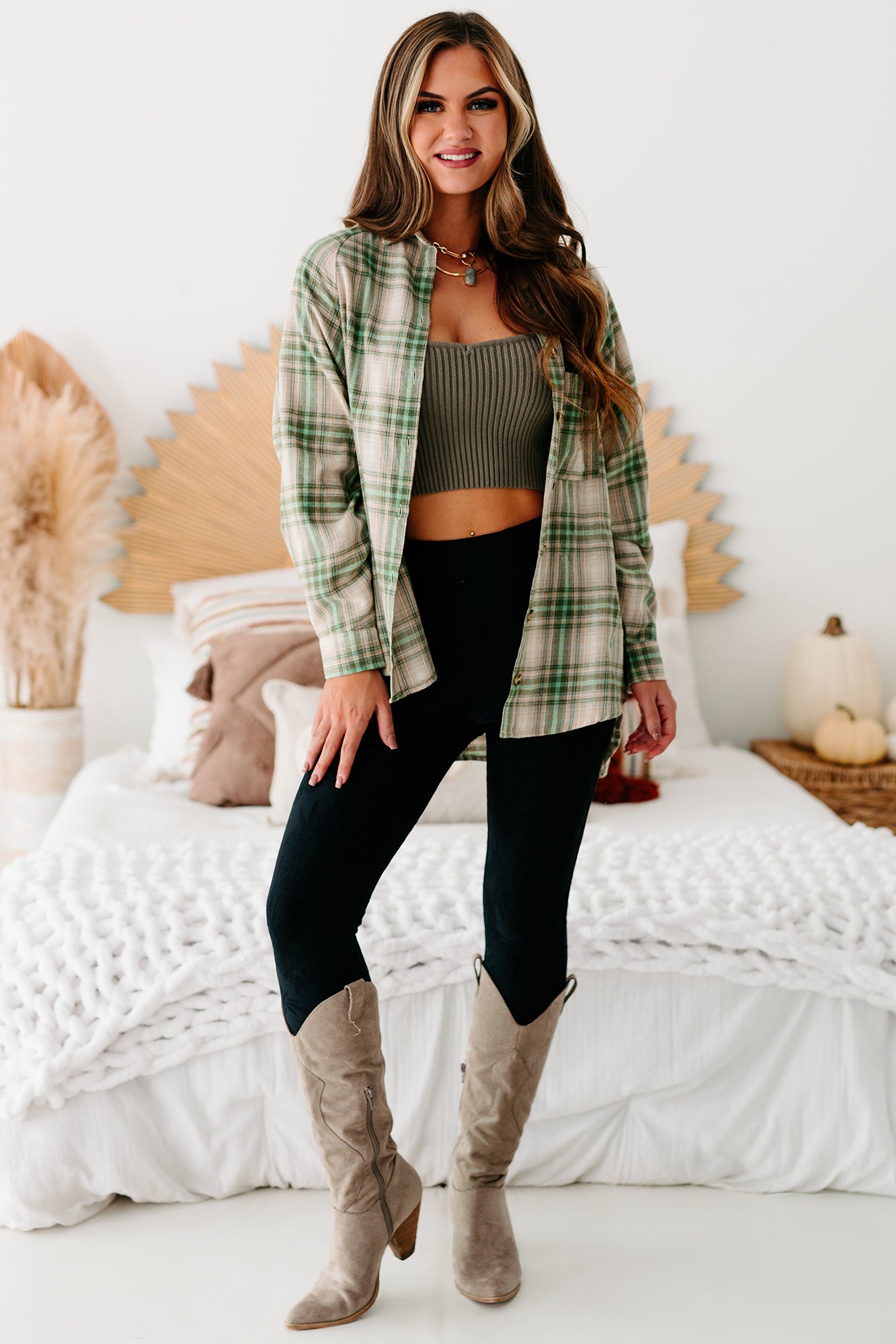 Mountain Tops High-Low Plaid Flannel Top (Olive Green) - NanaMacs