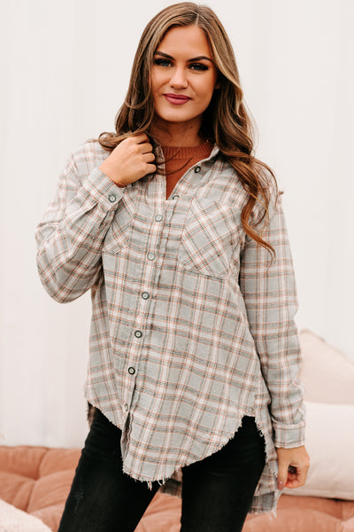Leilah High/Low Plaid Button-Down Top (Grey) - NanaMacs
