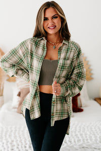 Mountain Tops High-Low Plaid Flannel Top (Olive Green) - NanaMacs