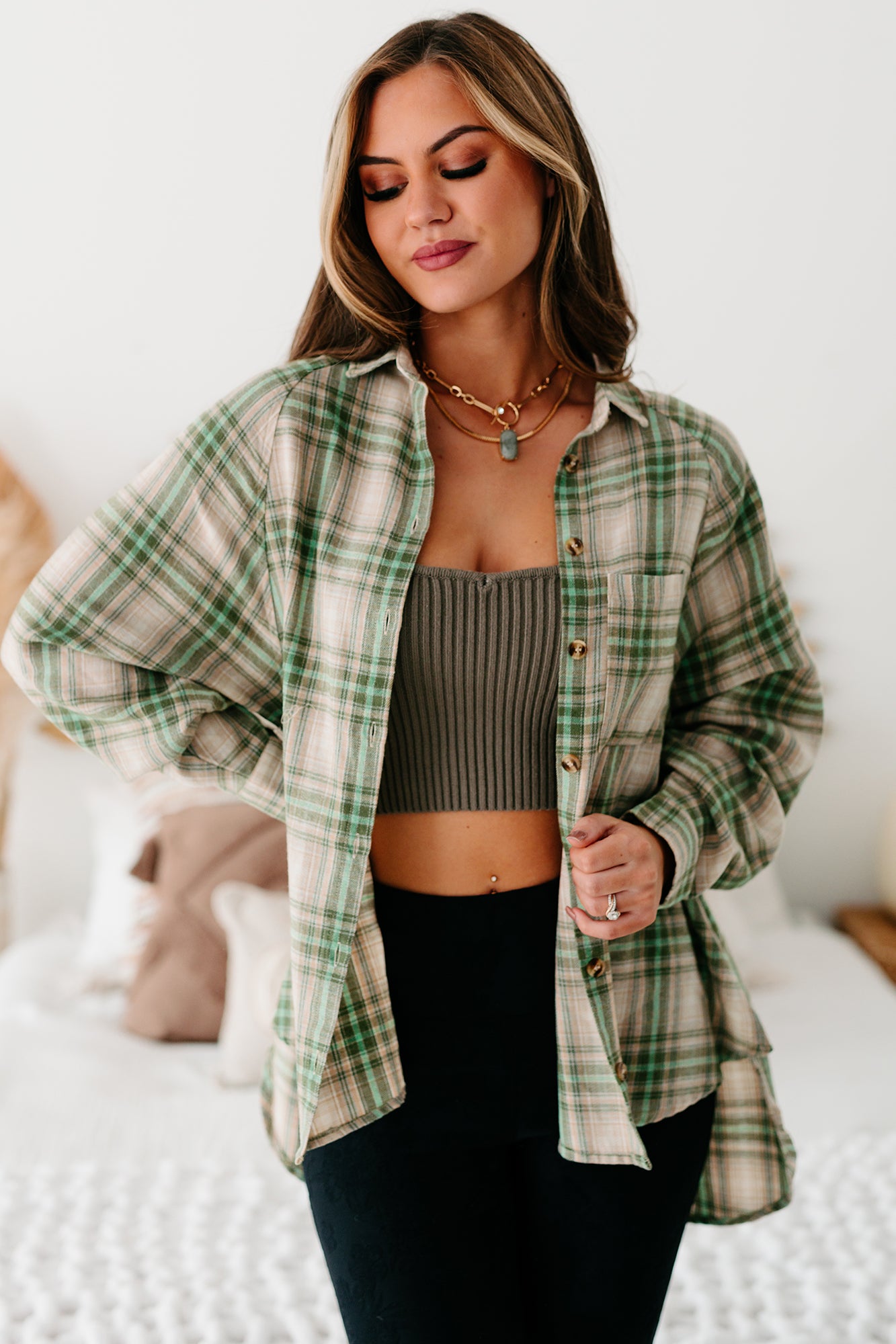 Mountain Tops High-Low Plaid Flannel Top (Olive Green) - NanaMacs