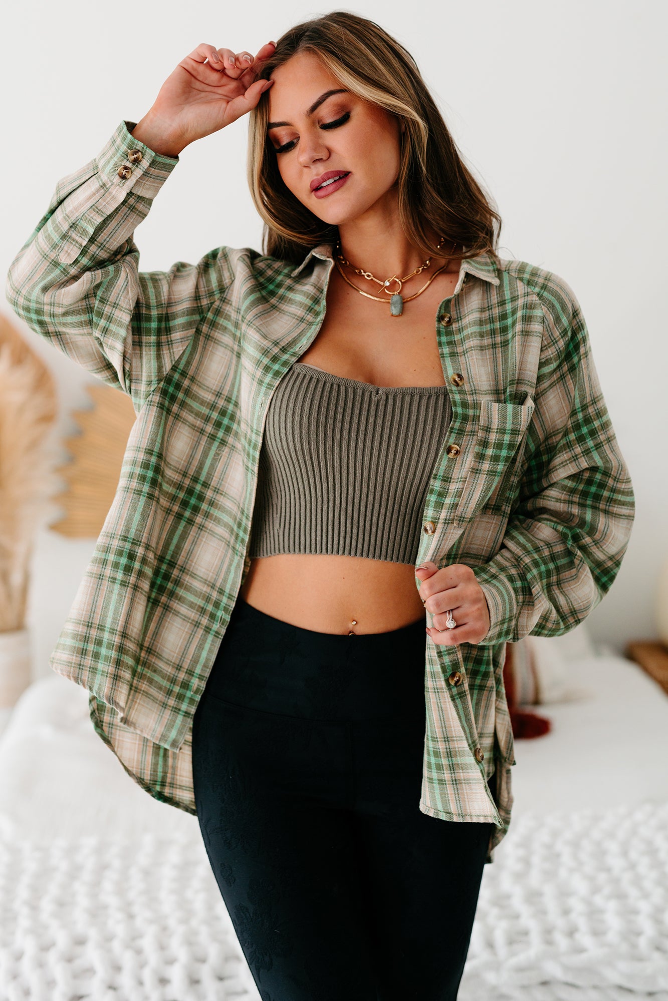 Mountain Tops High-Low Plaid Flannel Top (Olive Green) - NanaMacs